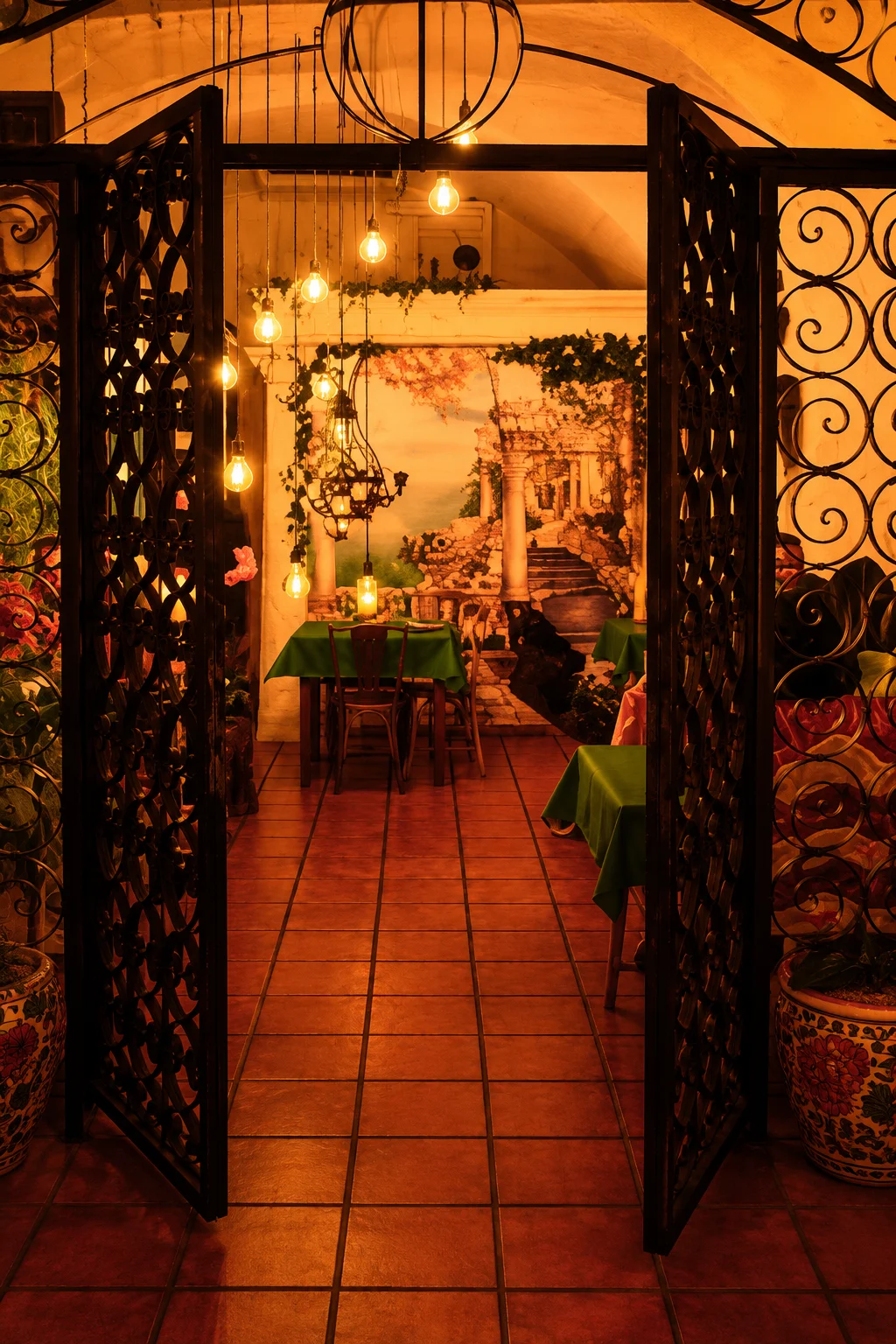Interior del Restaurante Garum en Águilas: sala abovedada con lámparas cálidas y celosías de madera